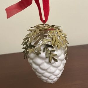 Dept 56 White Ceramic Acorn Red Ribbon Ornament Fine Bone China